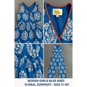 Boden Girls 11-12Y Blue Bird Floral Jumpsuit - Pom Pom Trim - Summer Romper